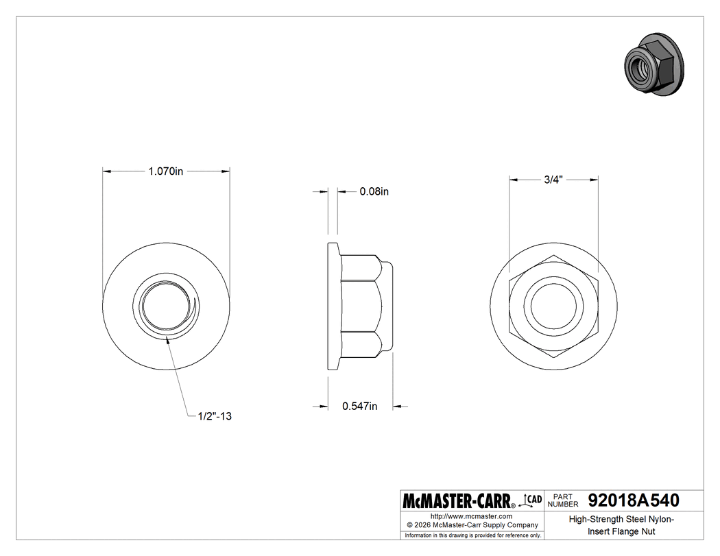 Technical Drawing of High-Strength Steel Nylon-Insert Flange Nut, Grade G, Zinc-Yellow-Chromate-Plated, 1/2"-13 Thread Size.